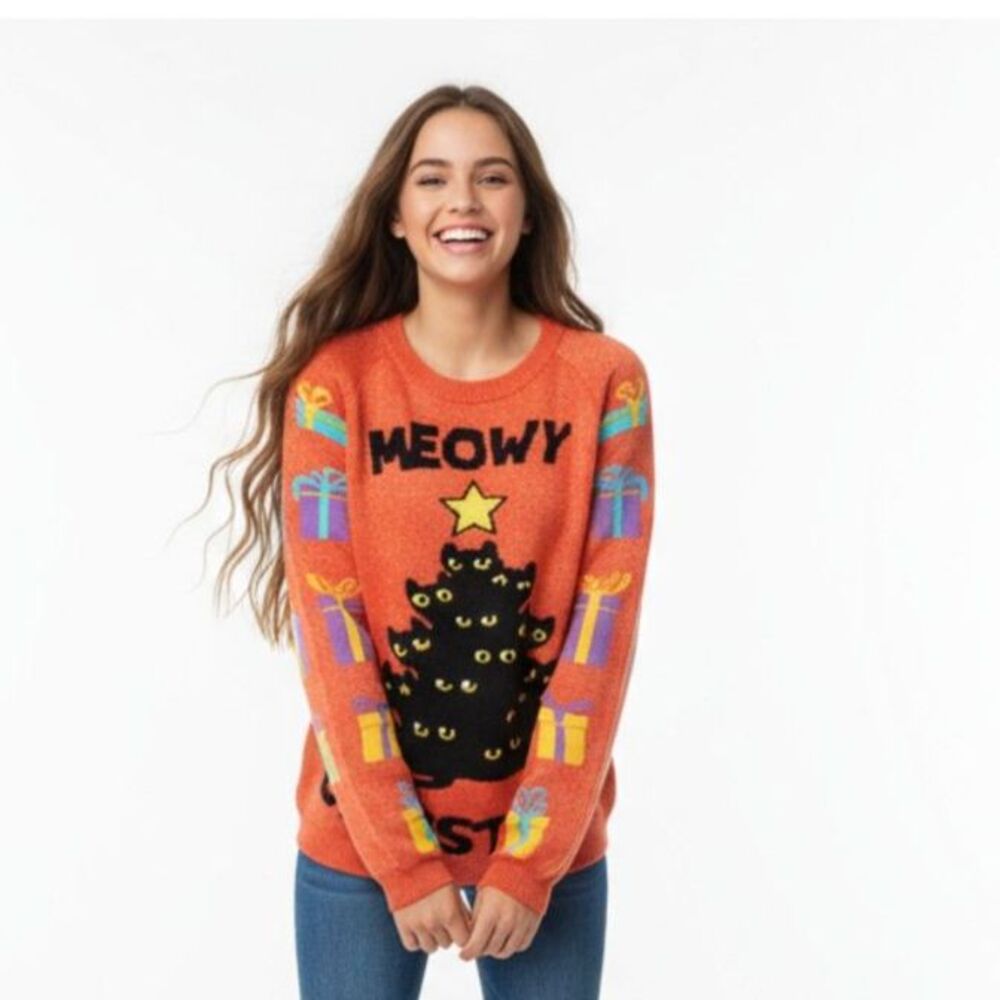 Meowy Christmas Black Cat Tree Ugly One Size Fits All Unisex Red Black Sweater